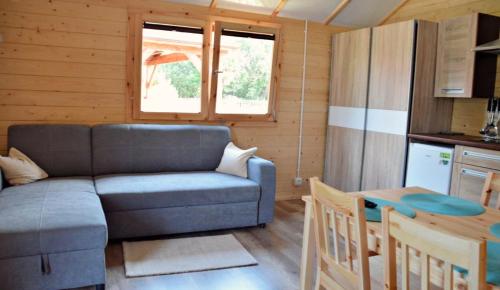 a living room with a couch and a table at Domki Letniskowe ARTEMI in Rowy