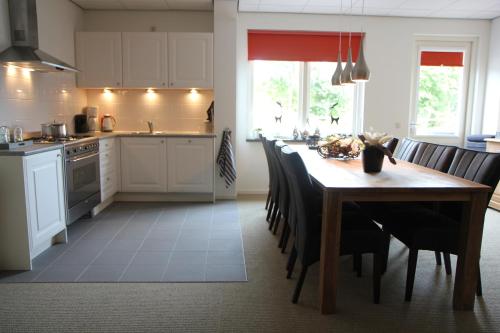a kitchen with a wooden table and a dining room at Apartment Nieuw-Moscou in Hollandscheveld