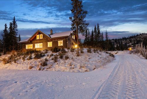 una casa en la nieve frente a una carretera en Skeikampen cabin with mountain view, jacuzzi, and 8 bedrooms, en Olstad