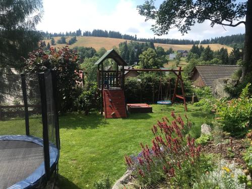 a garden with a swing set in the grass at Ubytování Kuncovi in Bedřichov