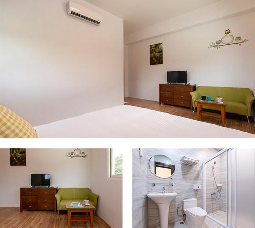 two pictures of a room with a bathroom and a bedroom at 三仙台心悅民宿 in Mei-sha-lu