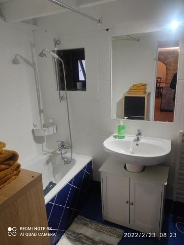 une salle de bain avec un lavabo et un miroir dans l'établissement Petite maison de caractère 4 ou personnes, à La Turballe