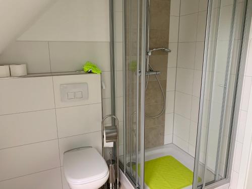 a bathroom with a shower with a toilet and a glass shower stall at Ferienwohnung Alois in Ueckermünde