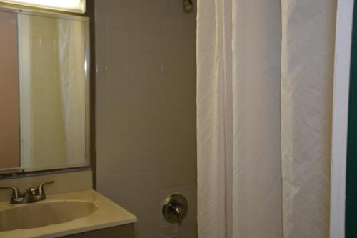 a bathroom with a shower curtain and a sink at Stay Express Inn Near Ft. Sam Houston in San Antonio