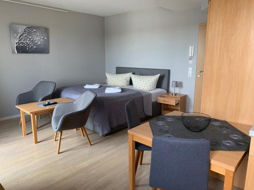 1 dormitorio con 1 cama, mesa y sillas en Einraumapartment mit Seeblickbalkon en Rheinsberg