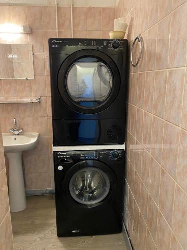 une machine à laver dans une salle de bain avec un lavabo dans l'établissement Grand'Roche, à Cornimont