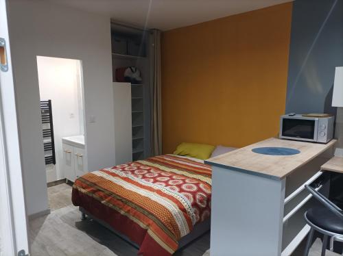 a small bedroom with a bed and a microwave at Bienvenue chez Seamora et Maelia in Saint Etienne