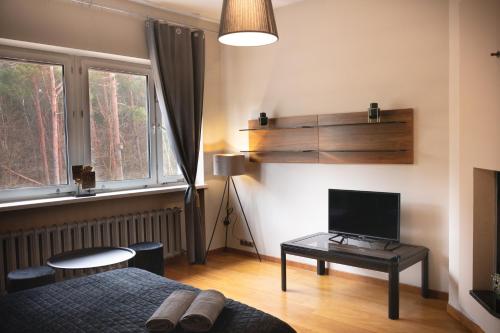 a bedroom with a bed and a table with a television at ClickTheFlat Legionowo Apart Rooms in Legionowo