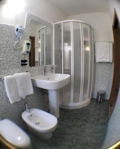 a bathroom with a sink and a shower and a toilet at Affitta Camere "Le Quercigliole" in Ripalimosani