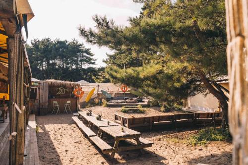 a park with benches and a tree and tents at Surfana Beach Bed & Breakfast Bloemendaal in Overveen