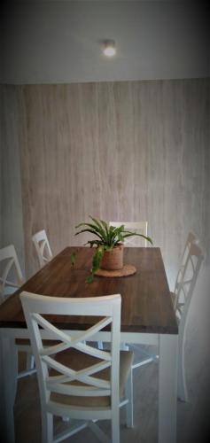 a dining room table with a potted plant on it at Robe Marina Accommodation in Robe