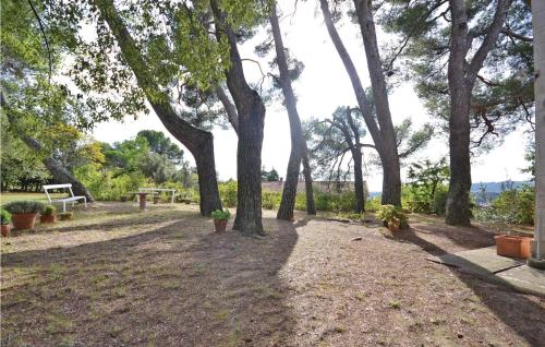 un parc avec des arbres et une table de pique-nique dans l'établissement Lovely Home In Puymeras With Kitchen, à Puyméras