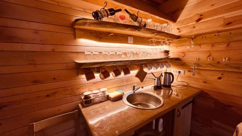 a kitchen with a sink in a wooden cabin at Tree house in Mojkovac