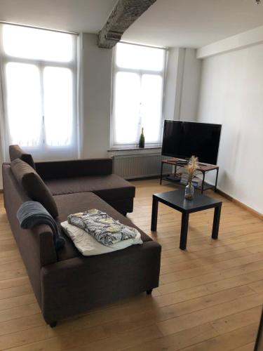 a living room with a couch and a table at Den Belgiek beer and bed apartment in Geraardsbergen