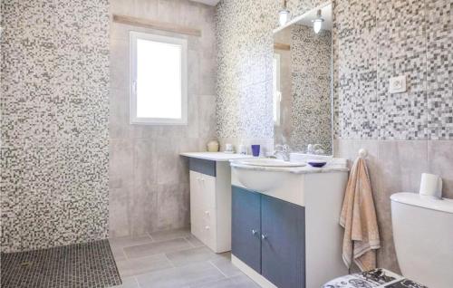 ein Badezimmer mit einem Waschbecken, einem WC und einem Spiegel in der Unterkunft Cozy Home In Cereste With Wifi in Céreste