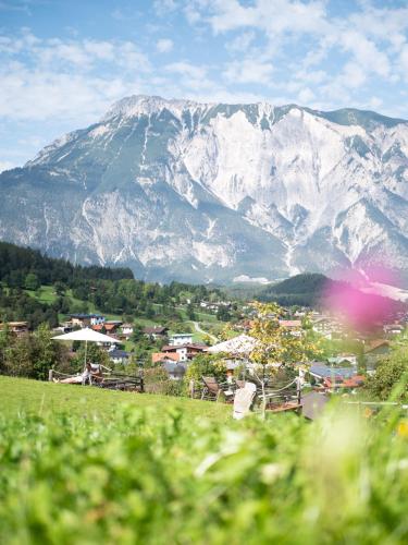 a view of a mountain with a town in the foreground at Aktiv Panoramahotel Daniel in Sautens