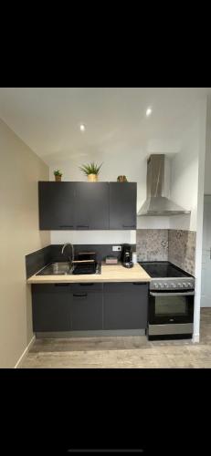 une cuisine avec un évier et une cuisinière four supérieur dans l'établissement Le petit cassis, à Cassis