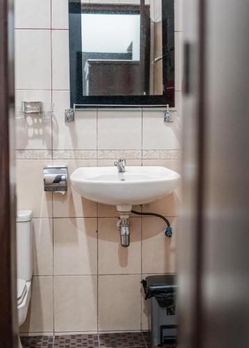 a bathroom with a sink and a mirror and a toilet at Pasola Guest House in Medan