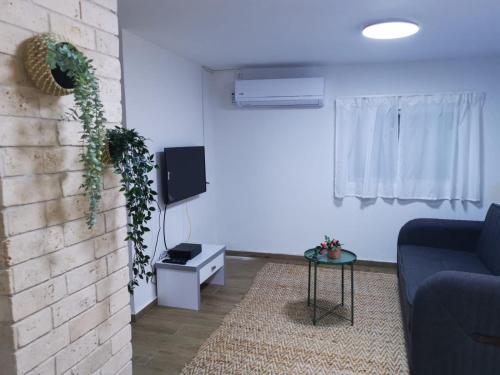 a living room with a couch and a tv at בית בלב הגולן in Qasrîne