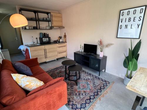 a living room with a couch and a kitchen at Sfeervol huisje, dichtbij bos en centrum in Apeldoorn