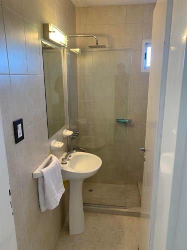 a bathroom with a sink and a shower at Dpto Lyon in General Roca