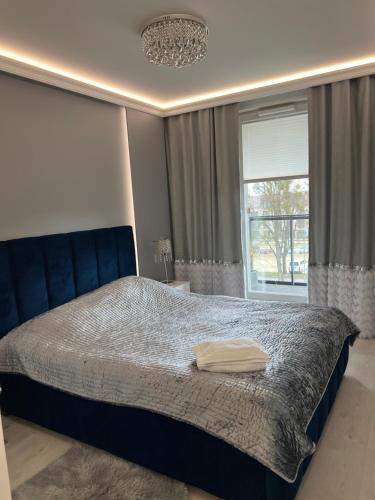 Schlafzimmer mit einem Bett mit blauem Kopfteil und einem Fenster in der Unterkunft Oliva Enjoy the Harmony in Danzig