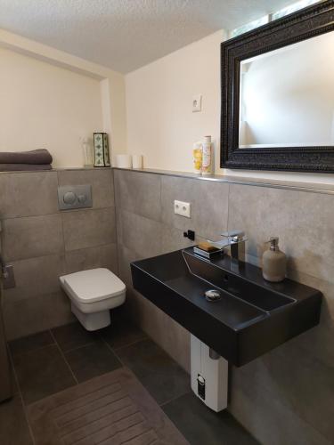 a bathroom with a black sink and a toilet at Studio Mini-Mexiko in Arnsberg