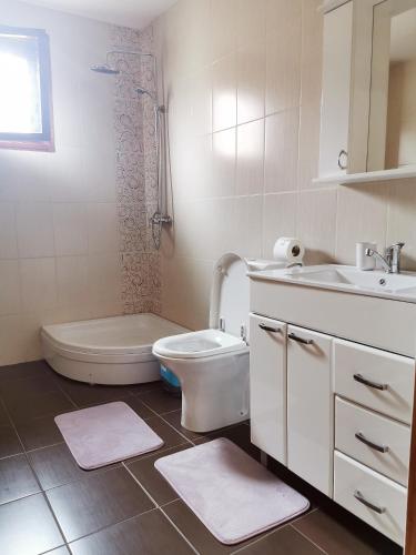 a white bathroom with a toilet and a sink at Jumiko Apartments in Vrnjačka Banja