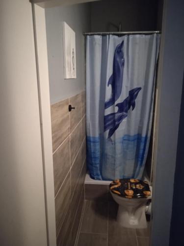 a bathroom with a dolphin shower curtain and a toilet at Stadtnah an der Förde 7 EG R in Flensburg