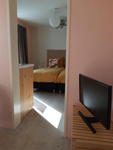 a living room with a television and a bed at BB De Hinker in Cothen
