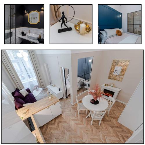 eine Collage mit drei Bildern von einem Wohnzimmer und einem Schlafzimmer in der Unterkunft Olver Apartment in Krakau