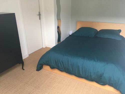 um quarto com uma cama com um edredão azul em Appartement cosy et lumineux em Nantes
