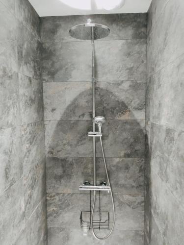 La salle de bains est pourvue d'une douche et d'un mur en pierre. dans l'établissement Charmant T2 , en bord de Sèvre, à Vertou