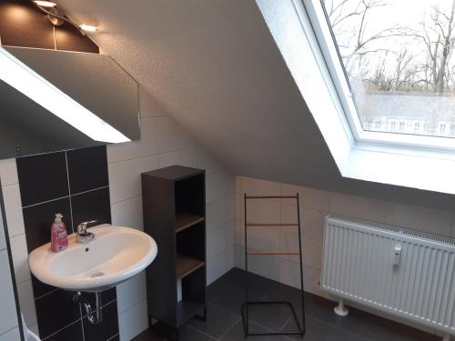 a bathroom with a sink and a skylight at Ferienwohnung Günther am Park in Ditfurt