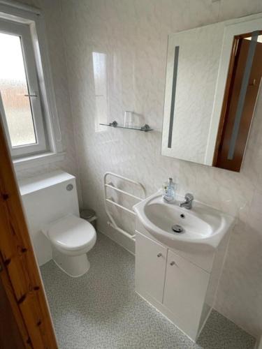 a white bathroom with a toilet and a sink at Royal Oak Guesthouse in Orkney