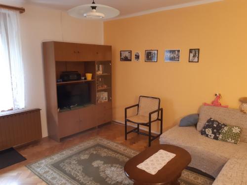 uma sala de estar com um sofá e uma televisão em Peaceful old house em Bovec