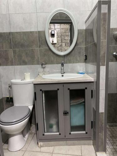 La salle de bains est pourvue de toilettes, d'un lavabo et d'un miroir. dans l'établissement Bizerte maison en plein cœur de la médina, à Bizerte