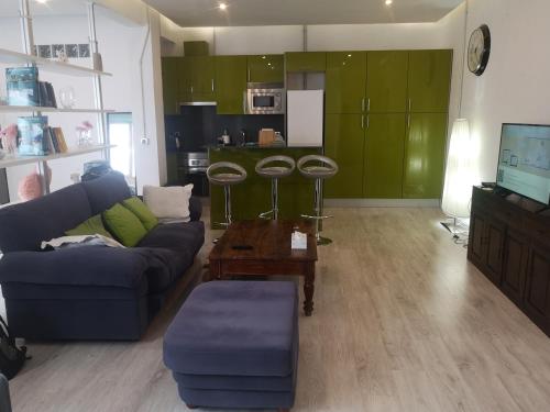 uma sala de estar com um sofá azul e armários verdes em Apartamento Rosa Puerta del Sol em Madrid