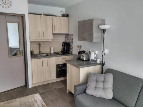 - une cuisine avec un canapé et une chaise dans la chambre dans l'établissement Studio au cœur des Volcans d Auvergne - Murol, à Murol