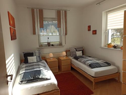 two beds in a room with two windows at Ferienwohnung am Hopfenstodl in Illschwang