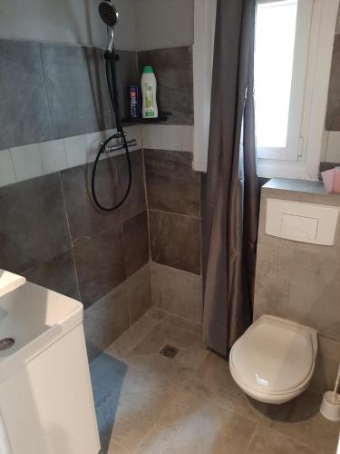 une salle de bain avec une douche avec des toilettes et un lavabo dans l'établissement Grand studio confort, à Nîmes