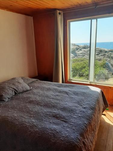 a bedroom with a bed and a large window at Curanipe: primera linea de playa. in Curanipe