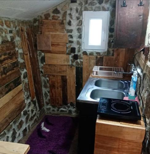 a kitchen with a sink and a stove at Popović na Drini in Bajina Bašta