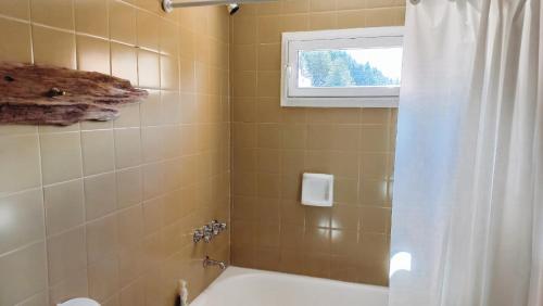 uma casa de banho com uma banheira e um chuveiro com uma cortina de chuveiro em Departamento céntrico con vista al lago em San Carlos de Bariloche