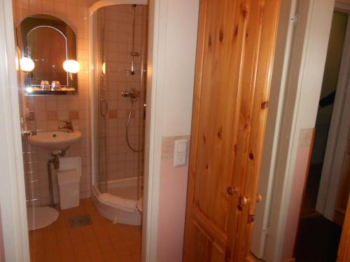 a bathroom with a sink and a toilet and a shower at Poska Villa Guesthouse in Tallinn