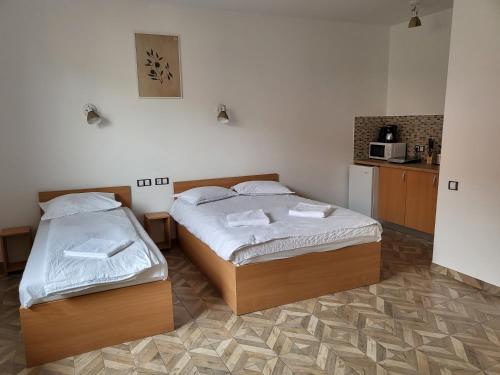 a bedroom with two beds and a kitchen at M20 Studios in Cluj-Napoca
