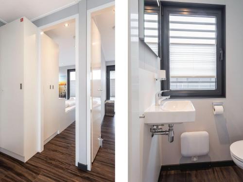 two images of a bathroom with a sink and a window at Houseboat with Stunning Views in Sneek