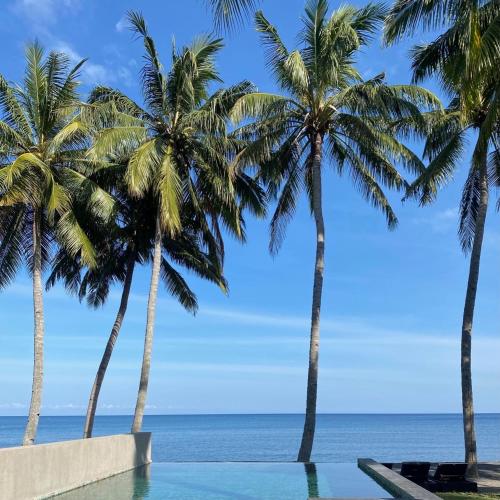 a pool with palm trees on the beach at Lombok Private Villa Estate in Ketapang