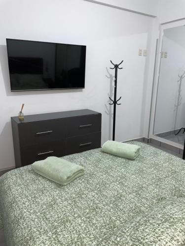 a bedroom with a bed with a flat screen tv at Green Space in Tarija