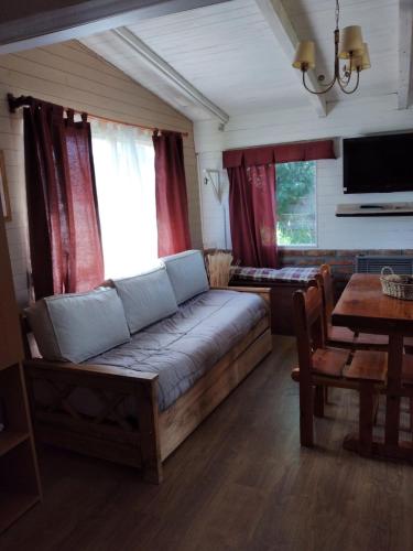 een woonkamer met een bank en een tafel bij PORTAL DE LA ESTEPA in Dina Huapi